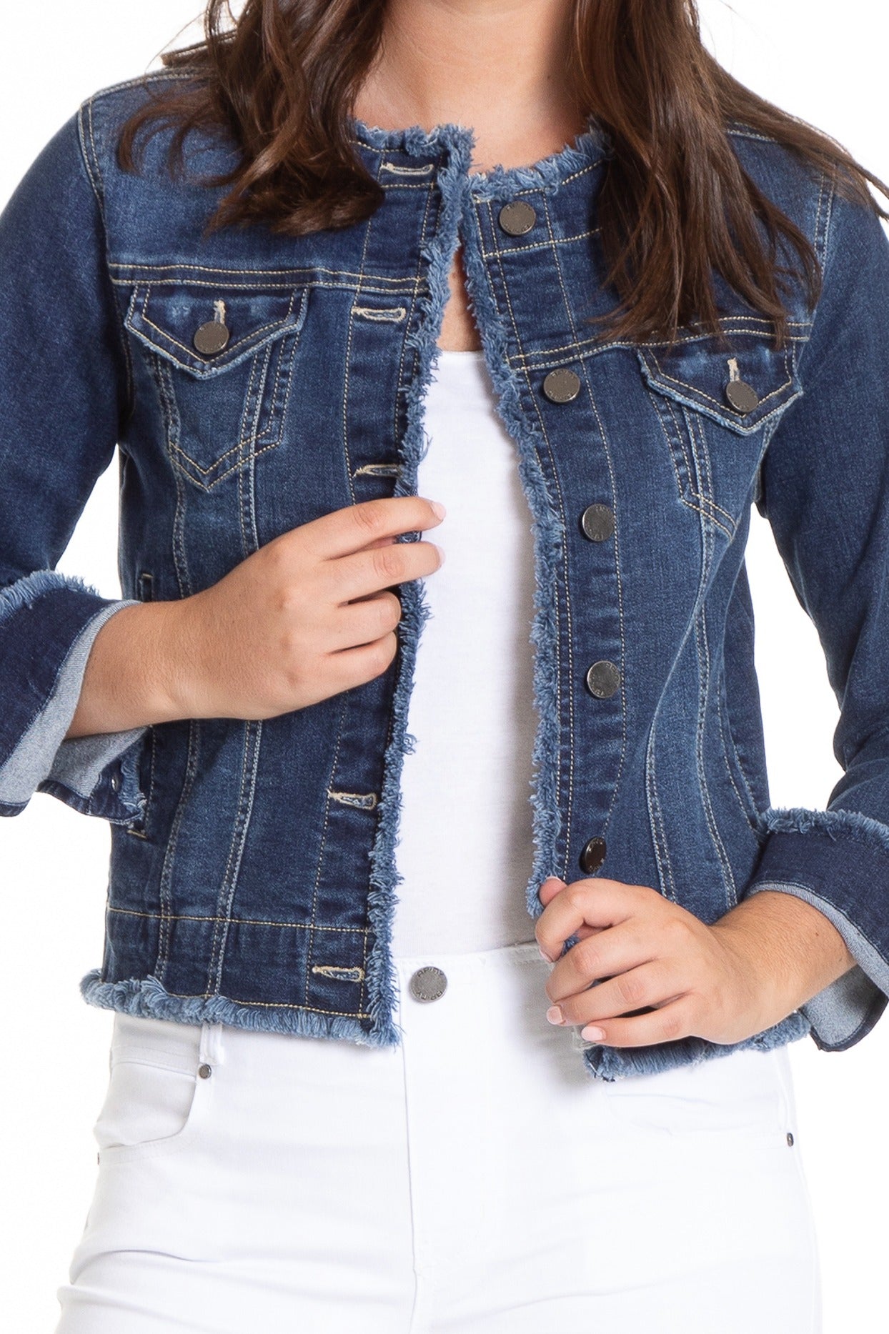 Collarless Jean Jacket with Frayed Detail