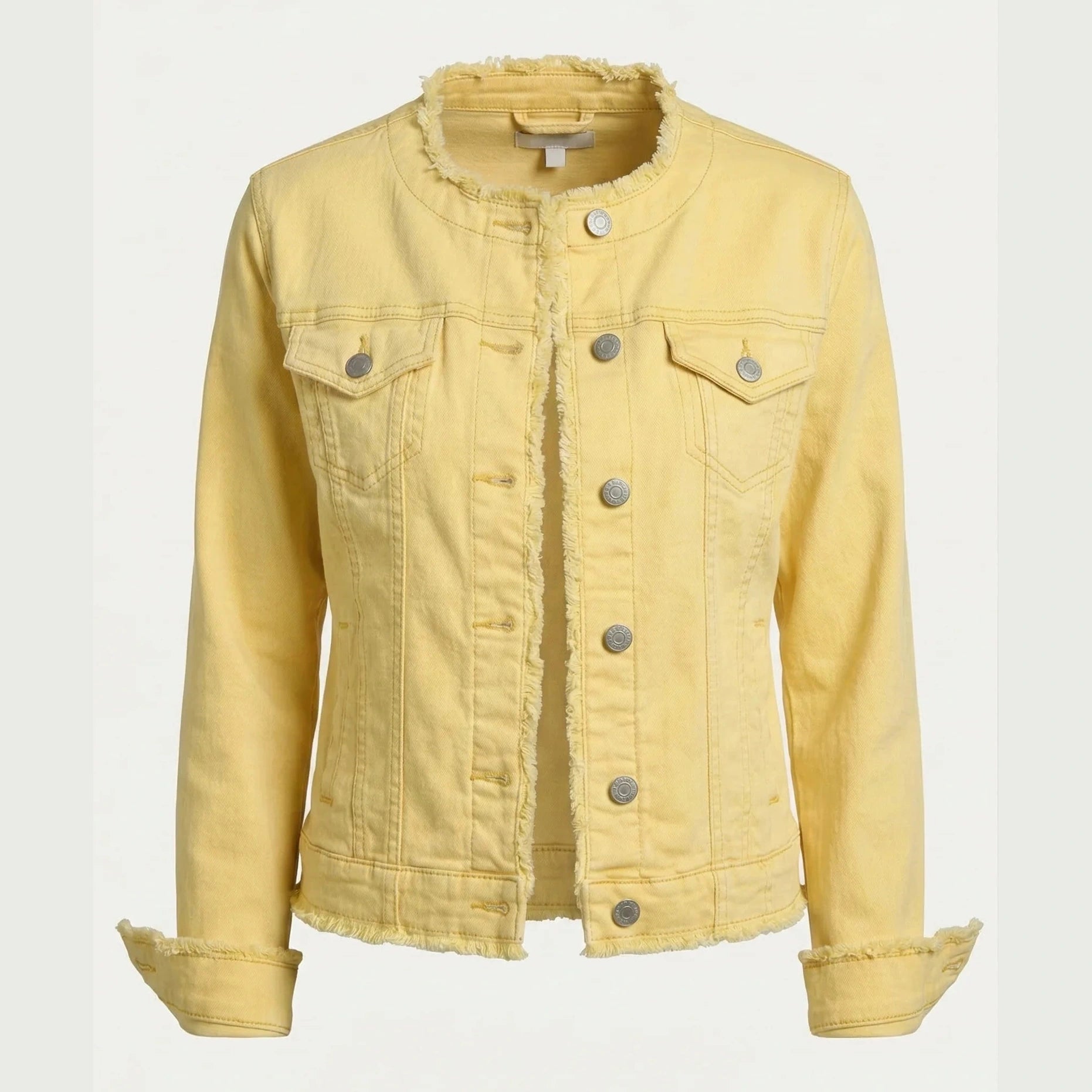 Collarless Denim Jacket with Fringe Detail - Sunny Yellow