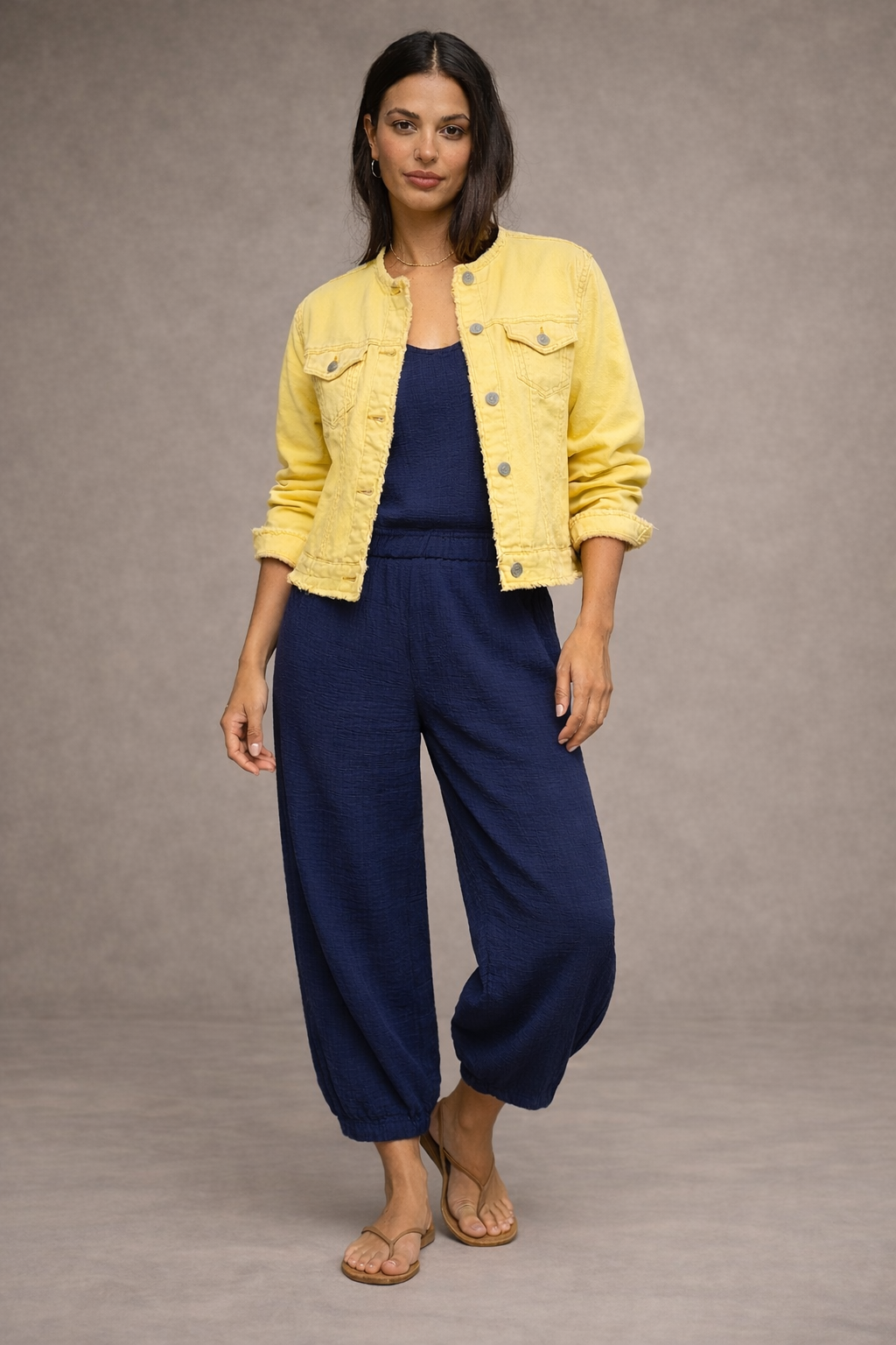 Collarless Denim Jacket with Fringe Detail - Sunny Yellow