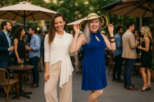 Two women posing outdoors with a crowd of people in the background