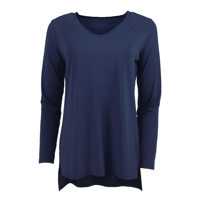 Navy blue long-sleeve top on a white background