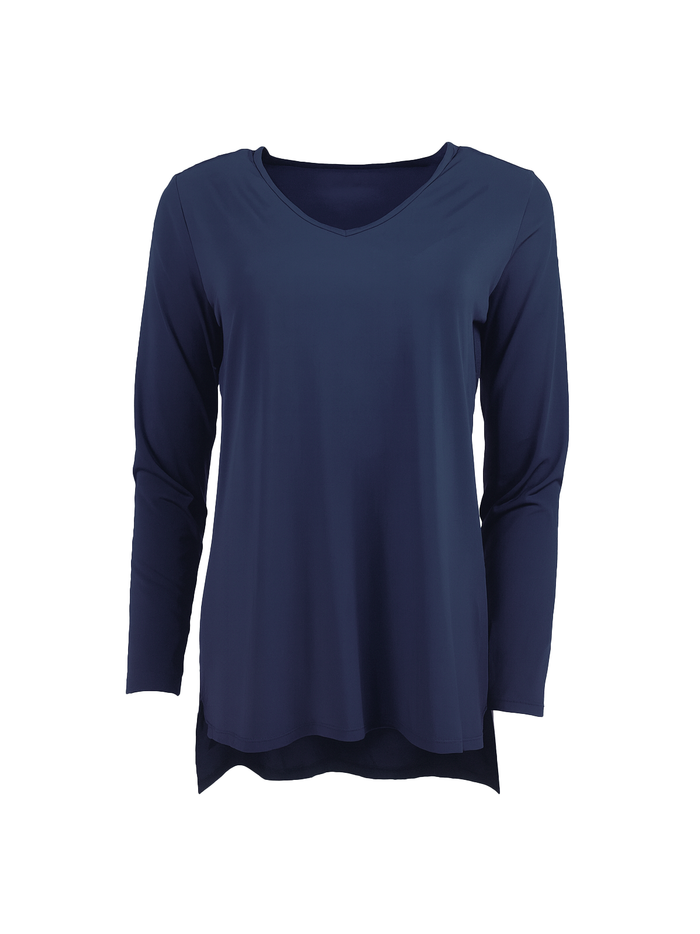 Navy blue long-sleeve top on a white background